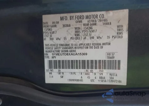 2010 Ford Explorer Xlt из США, поврежденный, VIN 1FMEU7D8XAUA15369